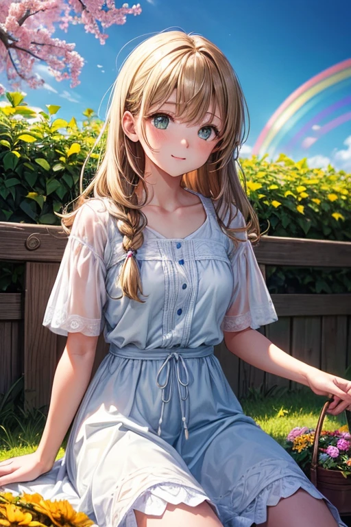 prompt:
"Create an image of a girl with light brown hair, bright green eyes, and a radiant smile. She must be sitting in a garden with colorful flowers and a rainbow in the background. The light should be soft and warm, with soft shadows on the face. The girl must wear a white blouse with short sleeves and a light blue dress that falls to her ankles.. Hair should be loose and fall over the shoulders. The expression should be serene and calm, like he was enjoying the moment