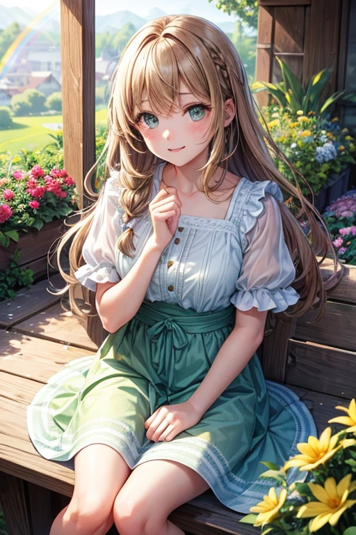prompt:
"Create an image of a girl with light brown hair, bright green eyes, and a radiant smile. She must be sitting in a garden with colorful flowers and a rainbow in the background. The light should be soft and warm, with soft shadows on the face. The girl must wear a white blouse with short sleeves and a light blue dress that falls to her ankles.. Hair should be loose and fall over the shoulders. The expression should be serene and calm, like he was enjoying the moment