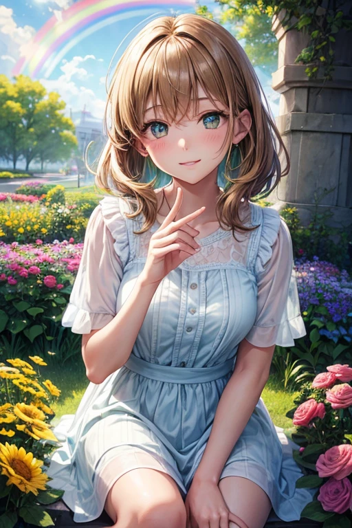 prompt:
"Create an image of a girl with light brown hair, bright green eyes, and a radiant smile. She must be sitting in a garden with colorful flowers and a rainbow in the background. The light should be soft and warm, with soft shadows on the face. The girl must wear a white blouse with short sleeves and a light blue dress that falls to her ankles.. Hair should be loose and fall over the shoulders. The expression should be serene and calm, like he was enjoying the moment