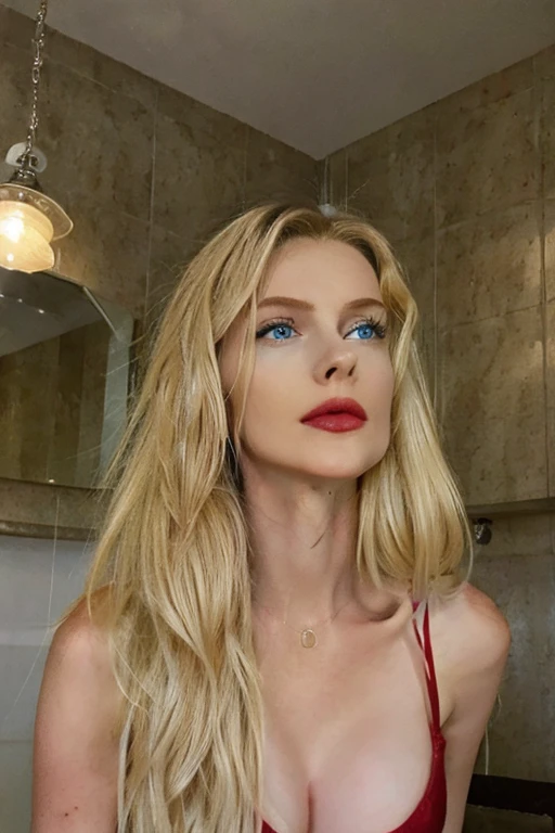 Beautiful blonde woman, with striking blue eyes and red lips. realistic photo, Masterpiece
