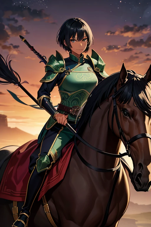 Anime Art、Full body portrait、Ancient Chinese cavalry、A dark-skinned woman of about 25 years old, around 150cm tall, wearing dark green clothing, riding a large horse and holding a long spear in her right hand.、Condescending smile、Short medium hairstyle、Black Hair、Wearing armour on the lower half of the body