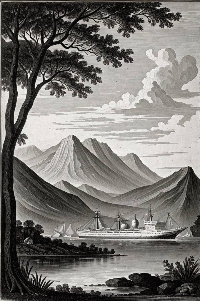Ship crossing the isthmus with riches in black and white, year 1821