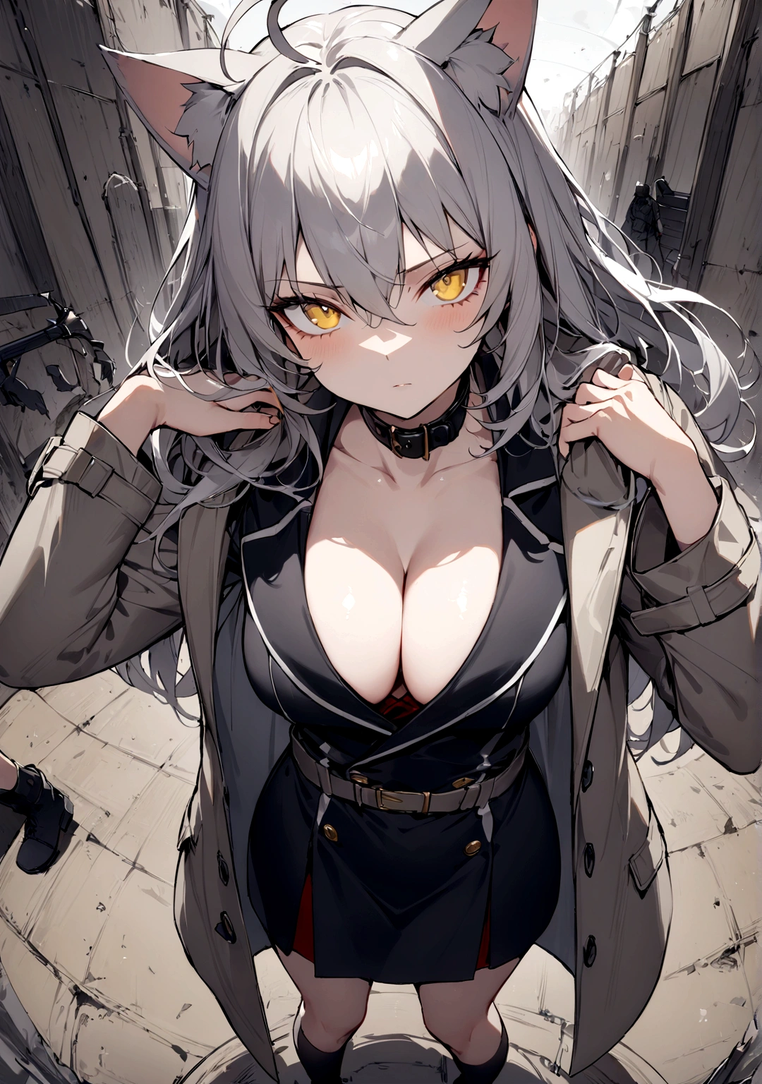 (masterpiece, best quality:1.2), 1girl, 独奏,Black military uniform、Gray cat ears、Point your gun at us、Grey long hair、Ahoge、Yellow Eyes、Grey trench coat、Gray cat ears、I took off my hoodie and put it on my shoulder、Ready your gun?、sniper rifle、Background of military bases、Fisheye Lens、battlefield、Shadows of light and darkness、Expressionless、Grim face、battle、Gray trench coat、Black knee socks、Cleavage、Black collar,
