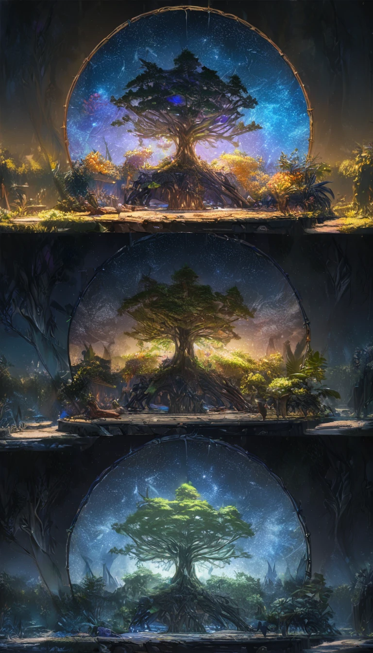 Detailed beautiful fantasy magical plants forest, Starry night sky, Dark mysterious background, 发光的紫红色light, Yggdrasil, the World Tree, (best quality,4K,8K,high resolution,masterpiece:1.2),Extremely detailed,(Practical,photoPractical,photo-Practical:1.37),Intricate details,Concept Art,number,Very detailed,light,戏剧light,Vibrant colors,sharp contrast