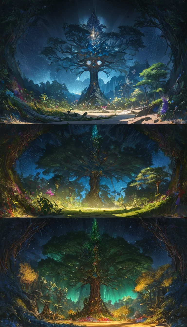 Detailed beautiful fantasy magical plants forest, Starry night sky, Dark mysterious background, 发光的紫红色light, Yggdrasil, the World Tree, (best quality,4K,8K,high resolution,masterpiece:1.2),Extremely detailed,(Practical,photoPractical,photo-Practical:1.37),Intricate details,Concept Art,number,Very detailed,light,戏剧light,Vibrant colors,sharp contrast