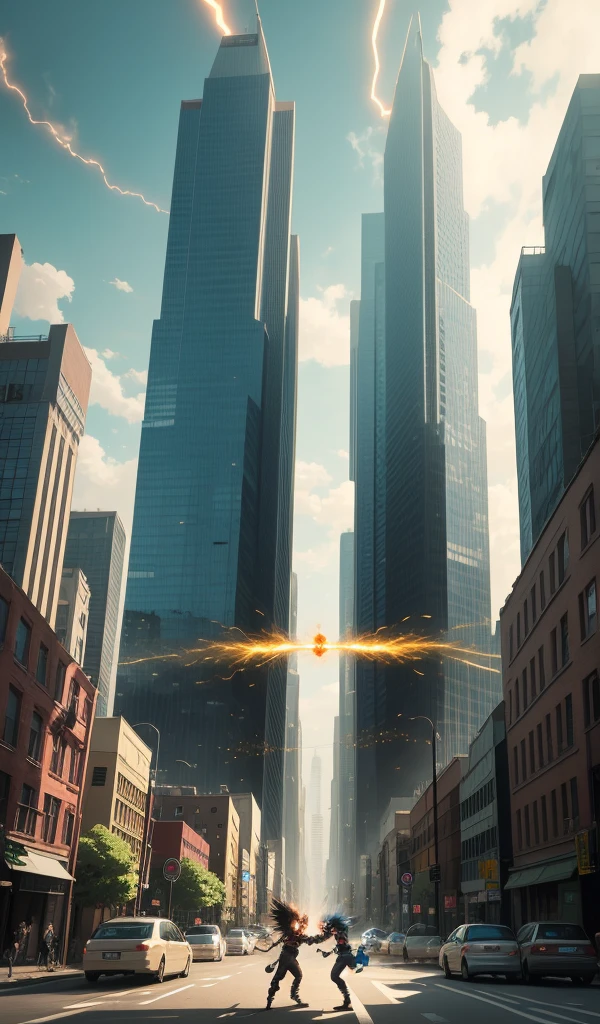 (Anime style, highly detailed), the two Saiyans locked in a beam struggle, their energy waves pushing against each other. The city below is caught in the crossfire, with streets and buildings suffering from the intense energy.