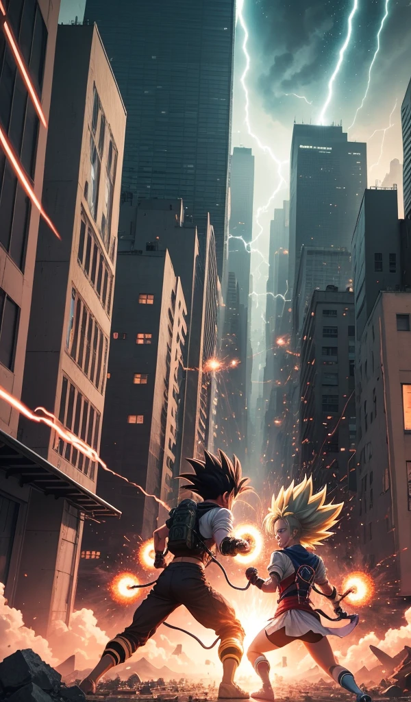 (Anime style, highly detailed), the two Saiyans locked in a beam struggle, their energy waves pushing against each other. The city below is caught in the crossfire, with streets and buildings suffering from the intense energy.
