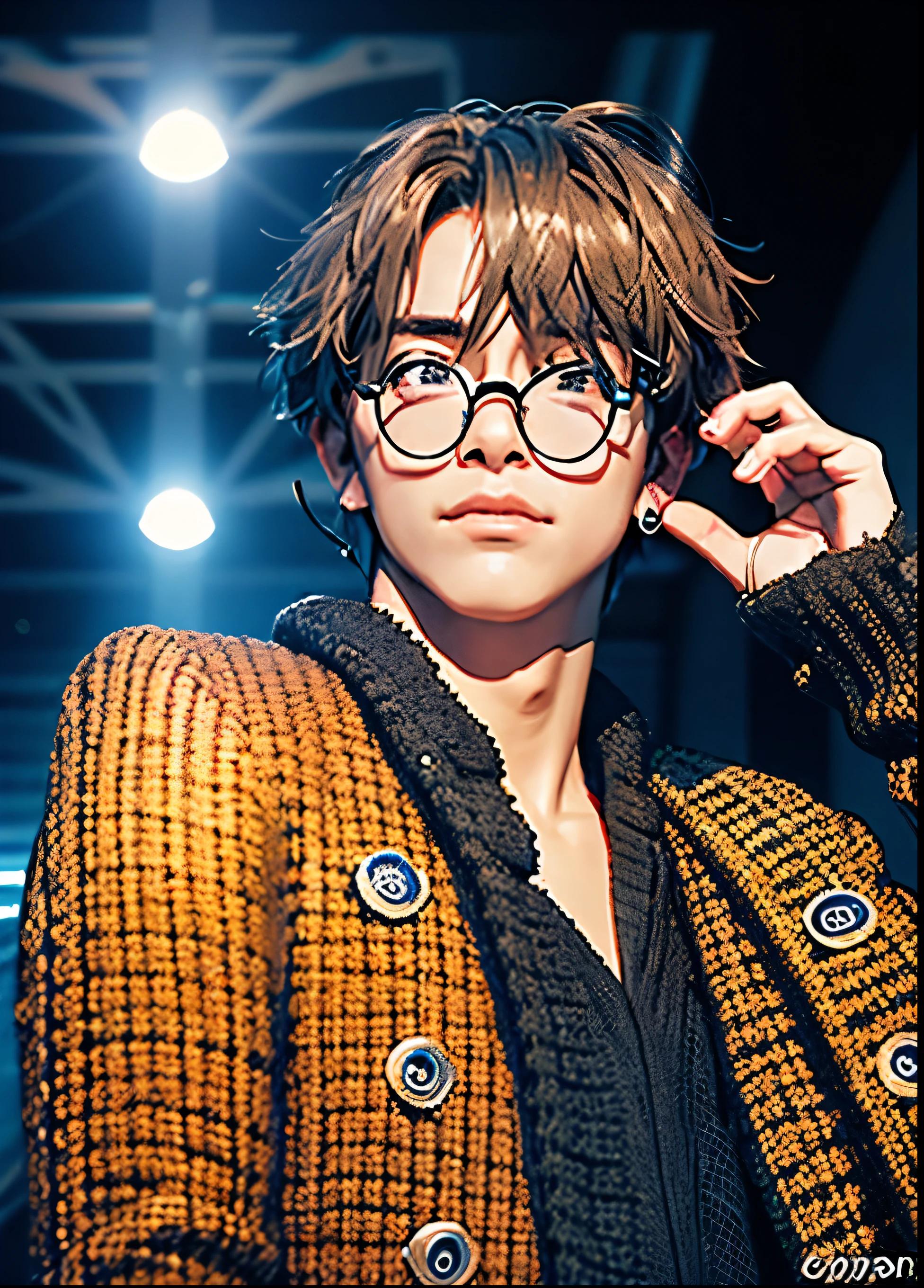 masterpiece,best quality,High Detail,light,8k wallpaper,Idol male singer with glasses,he looked at the camera,Handsome,Delicate face,Male celebrity,Concert in progress