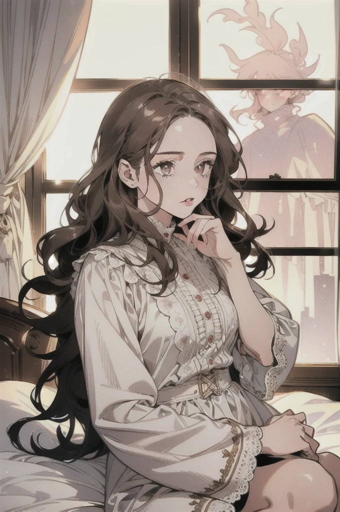(masterpiece, top quality, best quality, official art, beautiful and aesthetic:1.2), (1girl:1.3), wavy long hair, light brown hair, honey eyes, extremely detailed, portrait, looking at horizon, solo, (full body:0.6), detailed background, close up (cold arctic winter theme:1.1), shy, sweet, sitting at bed, pink and white nightgown, bunny plushie, messy sheets, soft (room interior:1.1) background, window lacy curtains in background, morning sofr lighting, wind from window