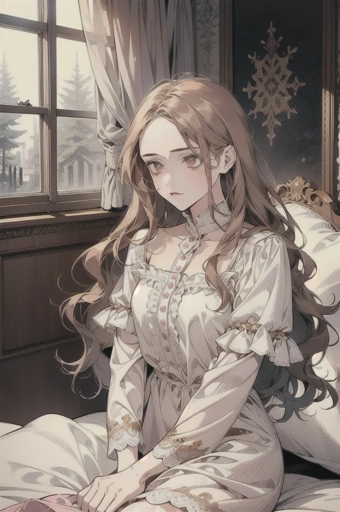 (masterpiece, top quality, best quality, official art, beautiful and aesthetic:1.2), (1girl:1.3), wavy long hair, light brown hair, honey eyes, extremely detailed, portrait, looking at horizon, solo, (full body:0.6), detailed background, close up (cold arctic winter theme:1.1), shy, sweet, sitting at bed, pink and white nightgown,     bunny plushie, messy sheets,  soft (room interior:1.1) background, window lacy curtains in background, morning sofr lighting, wind from window