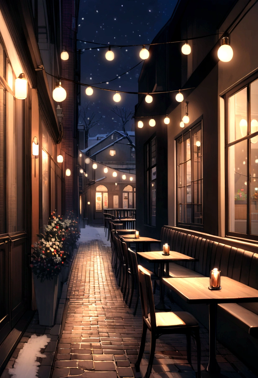 Tables and chairs outside a beautiful cafe in snowy night. Lonely street. Bulbs hanging outside the cafe. Black wall cafe. 