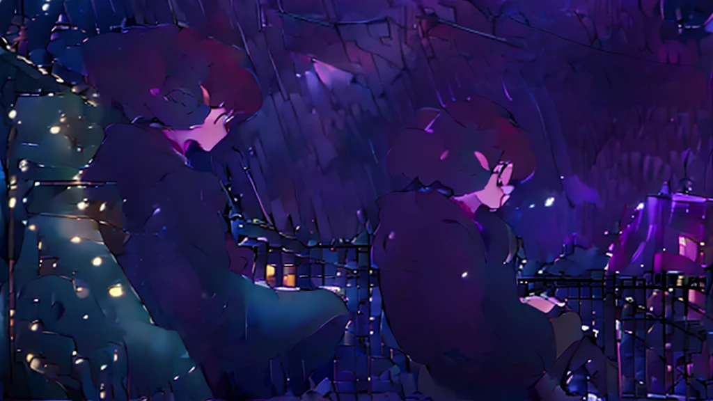 a girl sitting on a porch with a cat, with a view of the night sky