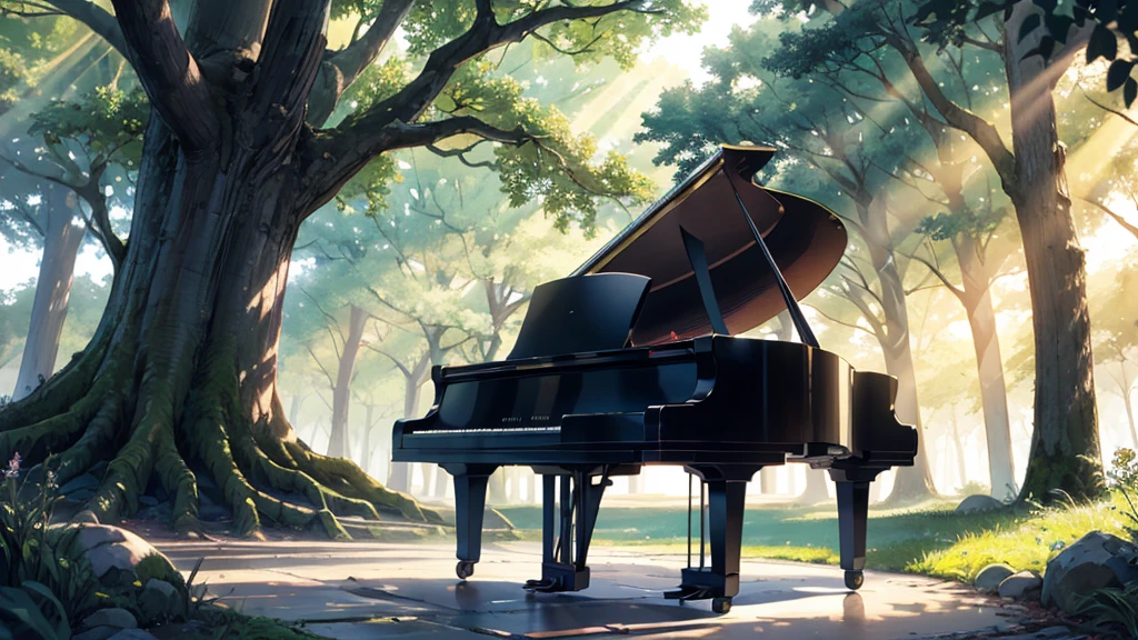 A grand piano placed in front of a large tree、The sunlight filtering through the trees sparkles、Soft Light、There is no one、Only one grand piano、Shinkai Seikaze illustration、A 1000-year-old tree