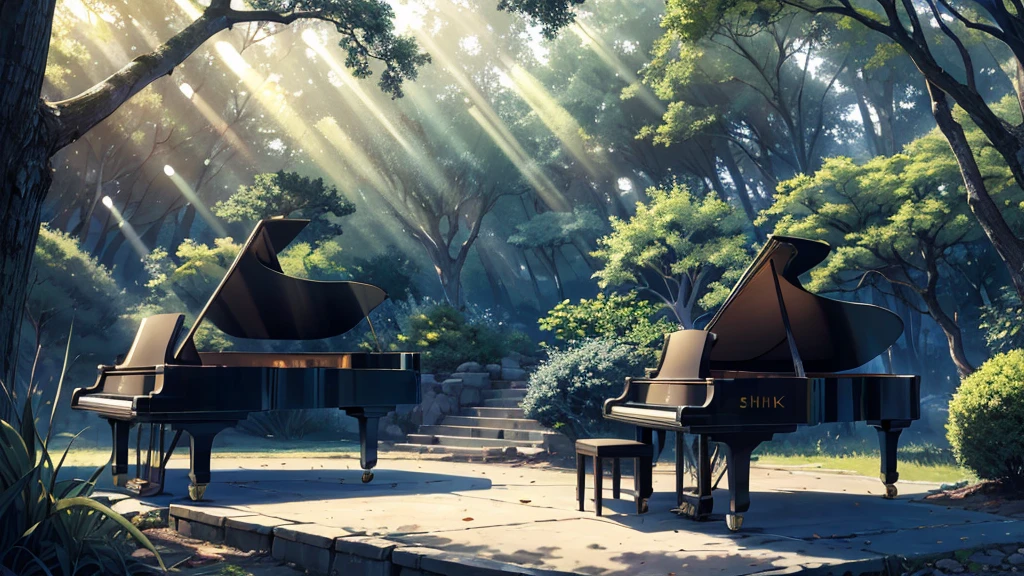 A grand piano placed in front of a large tree、The sunlight filtering through the trees sparkles、Soft Light、There is no one、Only one grand piano、Shinkai Seikaze illustration、A 1000-year-old tree