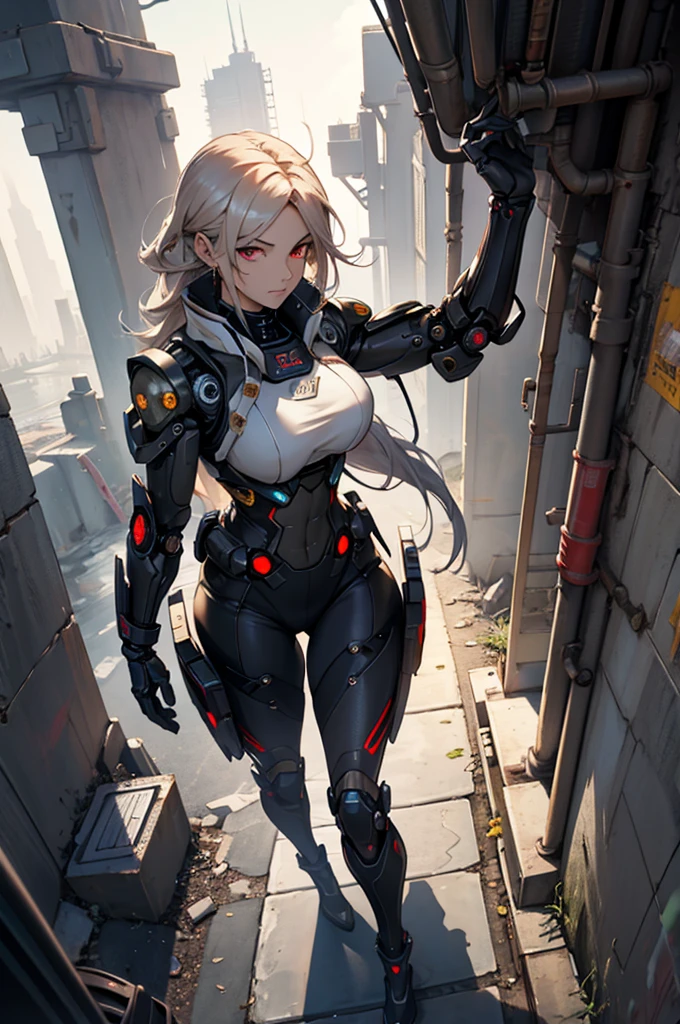 full body shot, High angle, best quality, extremely detailed, 8K, focus on background, dystopian society, helicopter, manga, anime, watercolor, steampunk, masterpiece, a beautiful woman, solo, single mechanical arm, energy weapons, robot suit, humanoid robot, half-up, big eyes, beautiful red eyes, long eyelashes, pensive, mesh, cool, looking at the camera, gold piercing,