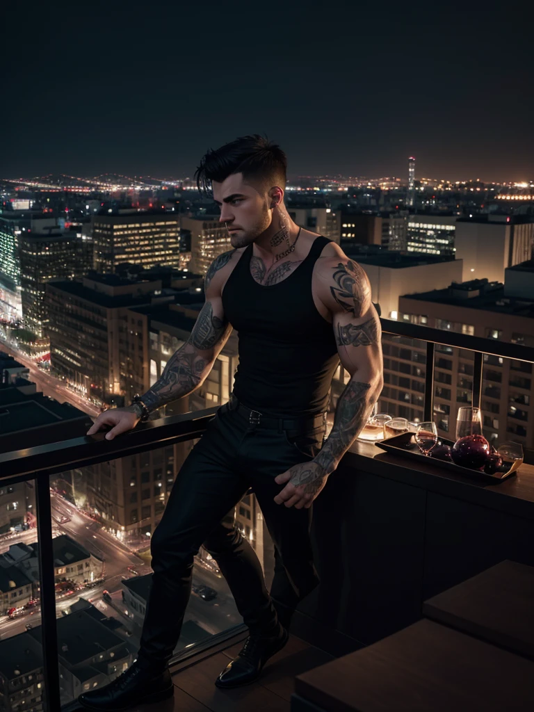 a 25 year old man, beautiful face, short hair, raised hair, muscles, tattoos, wine glass and wine, full body, cityscape at night, rooftop, photorealistic, cinematic lighting, dramatic shadows, rich colors, moody atmosphere, highly detailed, sharp focus, award winning photograph