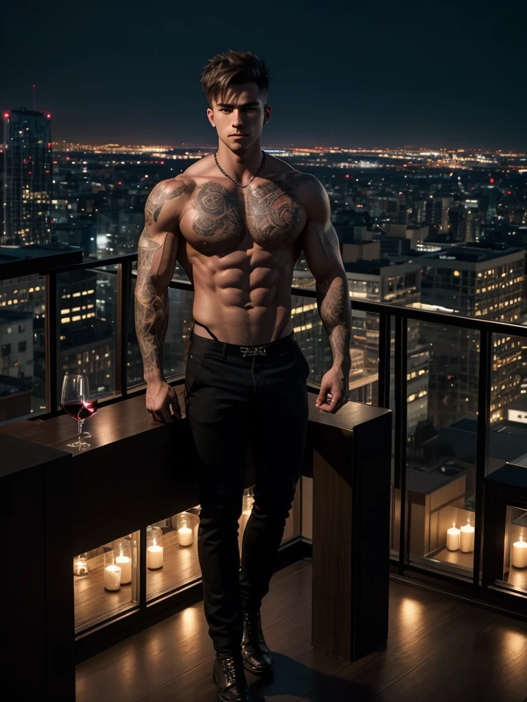 a 25 year old man, beautiful face, short hair, raised hair, muscles, tattoos, wine glass and wine, full body, cityscape at night, rooftop, photorealistic, cinematic lighting, dramatic shadows, rich colors, moody atmosphere, highly detailed, sharp focus, award winning photograph