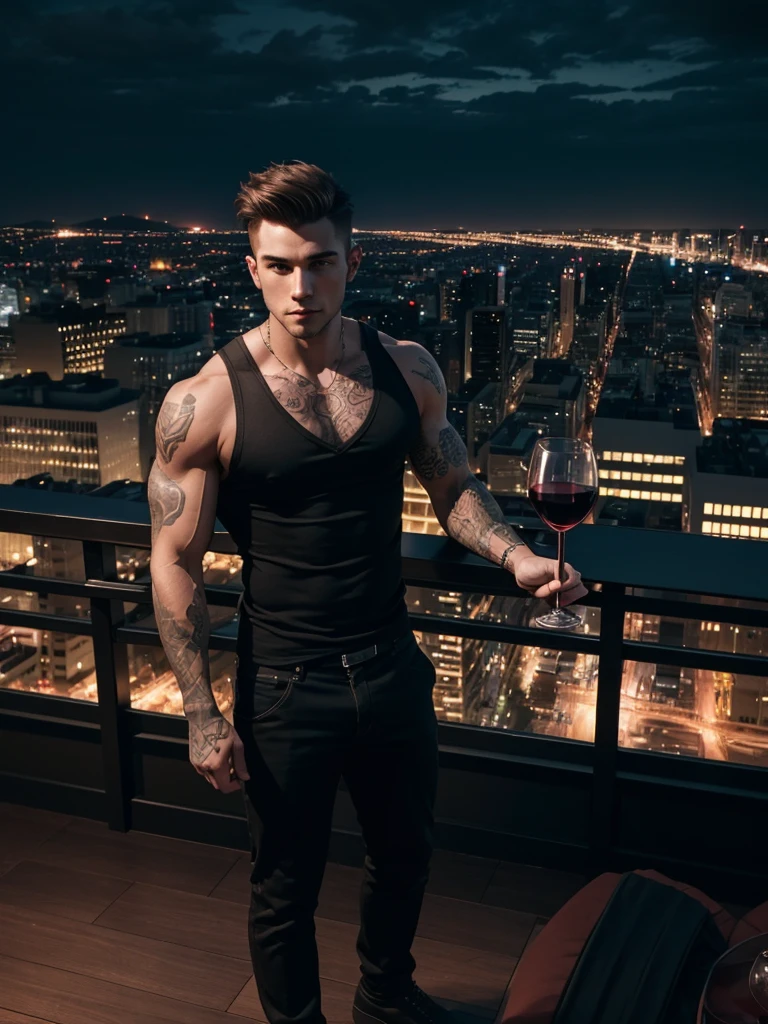 a 25 year old man, beautiful face, short hair, raised hair, muscles, tattoos, wine glass and wine, full body, cityscape at night, rooftop, photorealistic, cinematic lighting, dramatic shadows, rich colors, moody atmosphere, highly detailed, sharp focus, award winning photograph