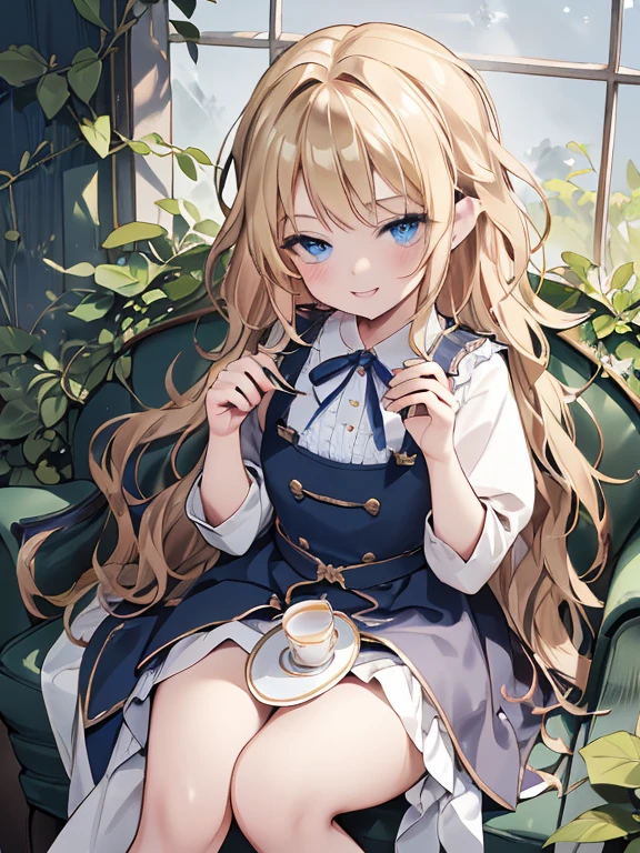 (8K, Highest quality, tableトップ:1.2), Ultra-high resolution, 7--old l, Perfect Fingers, Detailed face, smile, blue eyes, Blonde, (wavy hair:1.5), Blue Apron Dress, garden, flower bed, table, tableクロス, Black tea, Tea cup, cake, Sit on a chair