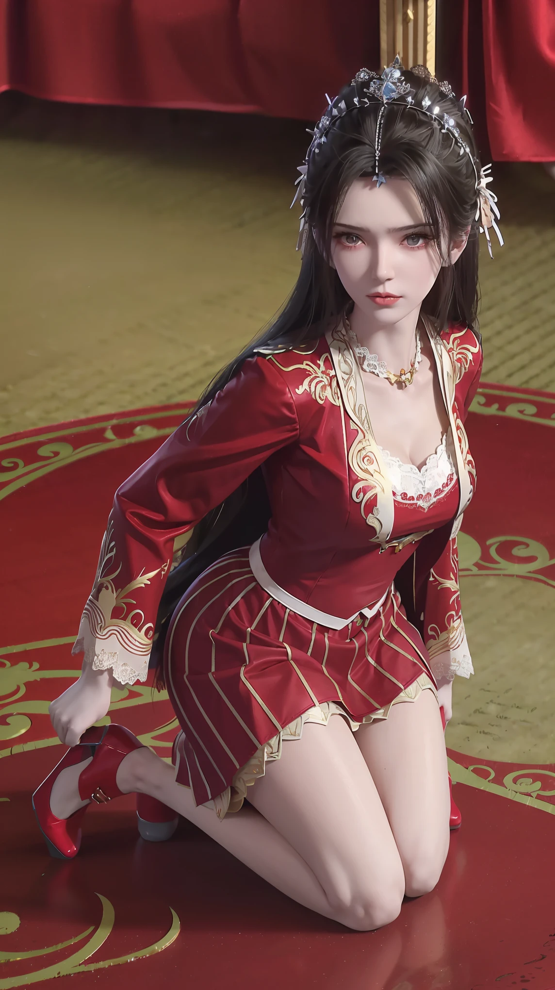 best quality，masterpiece，The Ultimate Solution，Fluffy，Extremely colorful，Mature beautiful woman，（Dress school uniform），Lace skirt，（Beautiful woman beheaded），Normal posture，（Kneeling），Kneeling on the bed，shackles，Beheading，collar，Red dress ，Red high heels，Normal posture