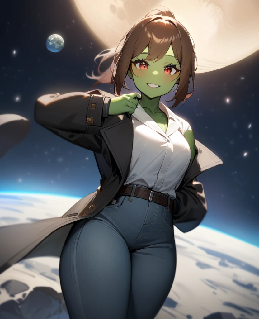 1girl,solo,red eyes,((brown hair:1.5)),ponytail,((light green skin)), old tattered black coat, tan jeans, white shirt,cowboy shot,on moon, blue and grey ringed planet in sky,Science fiction,ultra-detailed,sharp focus,aesthetic,(best quality) smiling, giantess