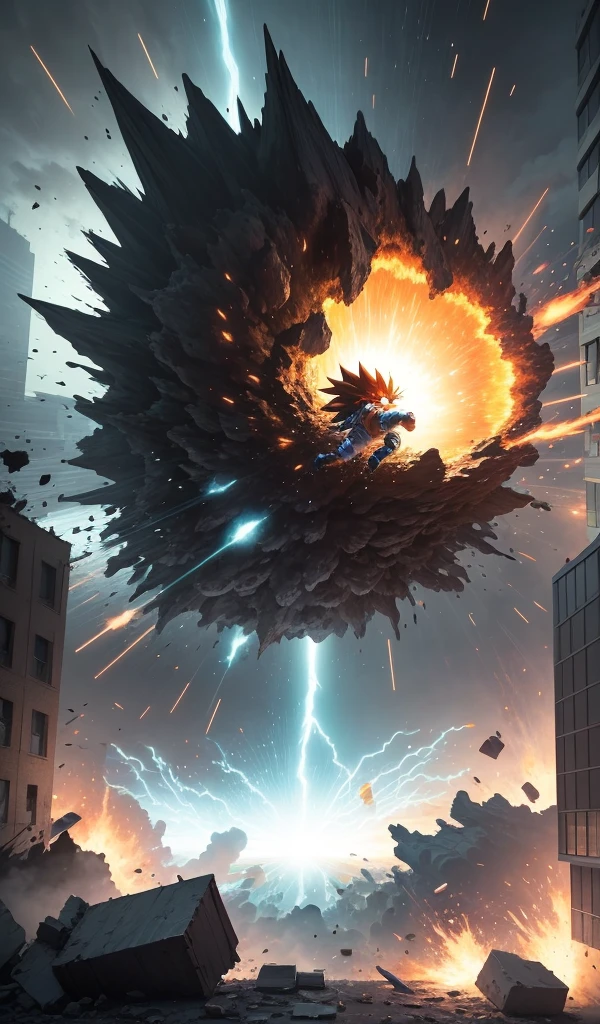 (Anime style, highly detailed), one Saiyan being thrown through several buildings, debris flying everywhere. The impact creates a massive crater, and the other Saiyan follows up with a powerful energy blast.