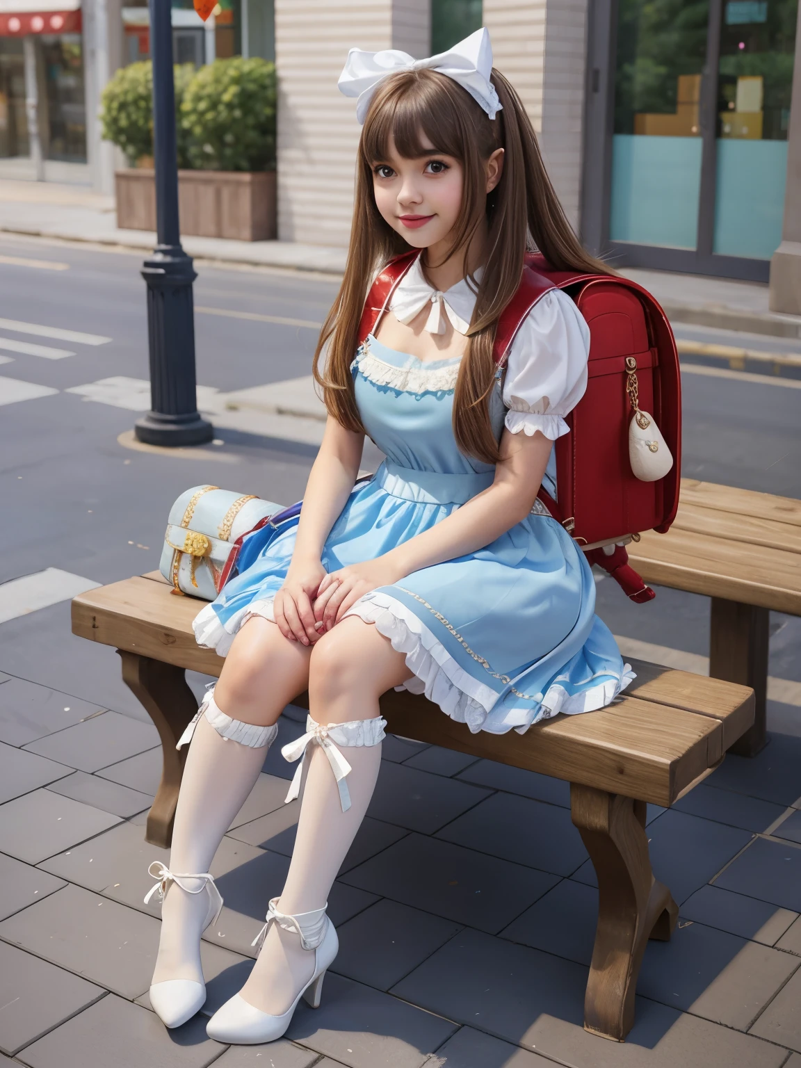 best quality, quality, masterpiece, realistic, 1girl, solo, full body, standing, long hair, straight hair, blunt bangs, looking at viewer, smile, blue dress,ta dress, shiny dress, bow, apron, frills, puffy short sleeves, hair ornament, white thighhighs, white long socks, fullbody, Sitting, Sitting on bench, white high heels boots, colorful dress, street, wearing red backpack, (backpack:1.2)