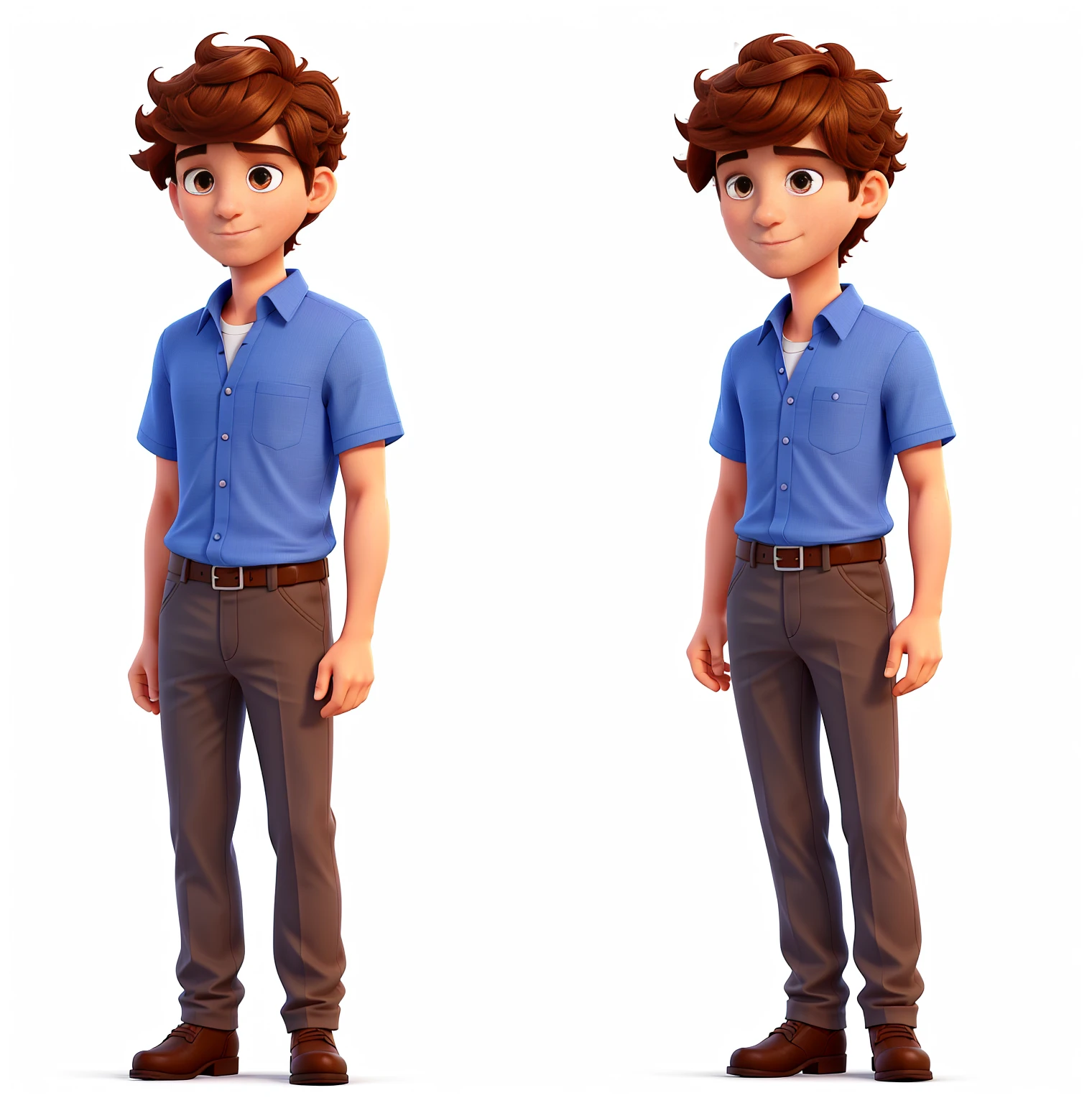 clean visual portrait and white background of a 26 year old man, , short brown semi-curled hair, a plain royal blue shirt,
without gloves, with a black bone, 8k