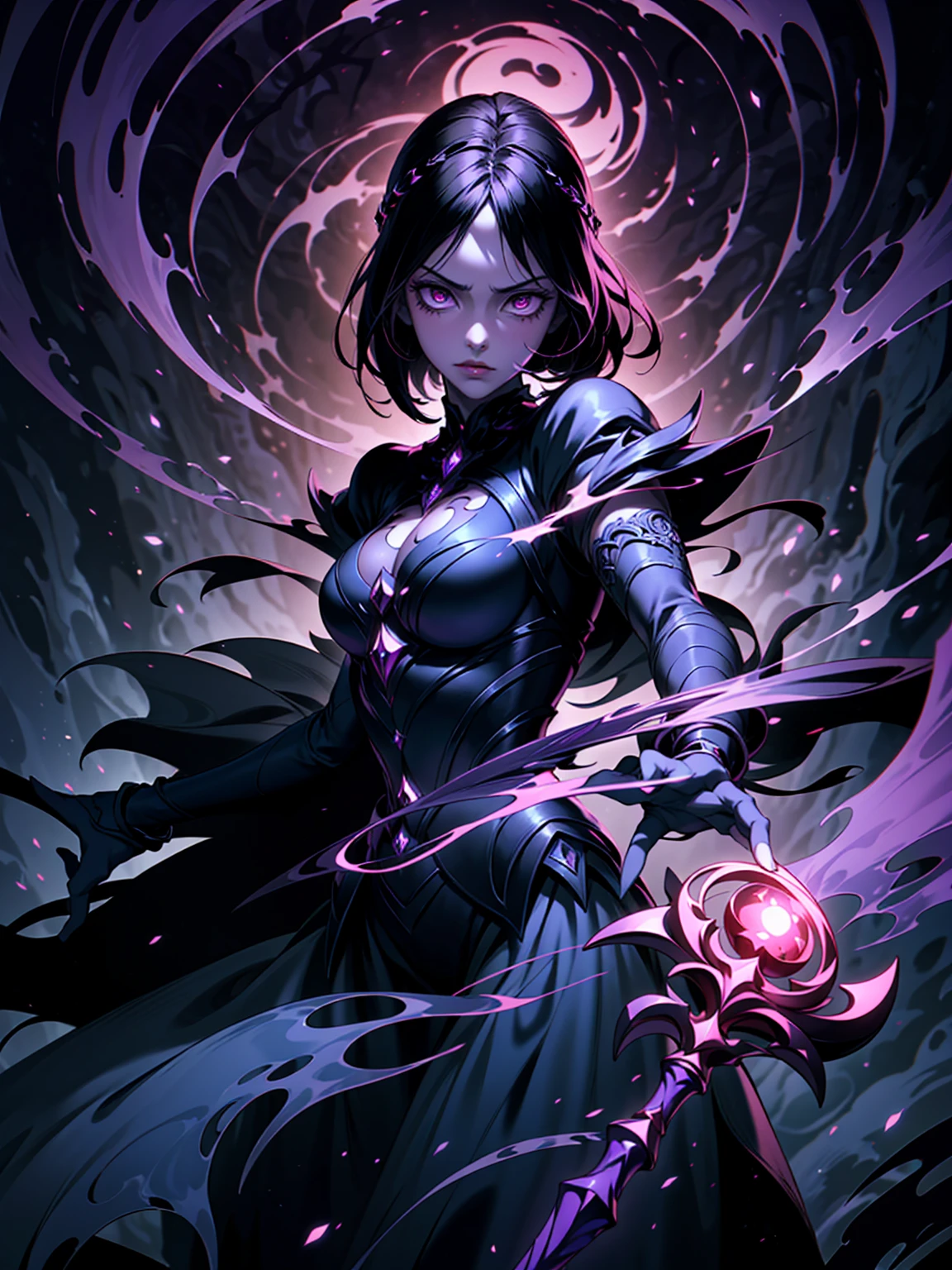 ((masterpiece, best quality, 8k))A captivating artwork of a darkly enchanting female character in a shadowy, magical setting. She wears dark and magical clothes in black and purple, perfectly matching her mysterious aura. Her short black hair and crimson eyes exude an intense beauty. She wields a dark staff, emanating a foreboding power.