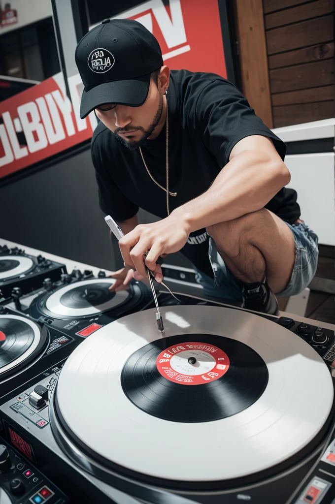 A logo with writing, Radiola hip Hop
Dj, plays records, phone