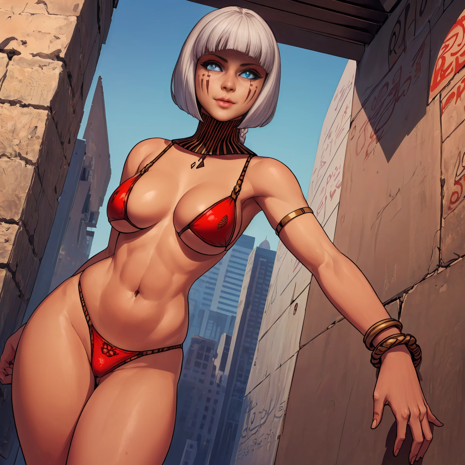 iset, ((white bob cut, bangs, low ponytail braid,slit pupils, glowing blue eyes, ,facial mark, makeup, narrow waist, skinny, medium breasts, bracelet,jewelry, black skin, dark skin)), pelvic curtain, ((red bikini)), full body, perfect body, (insanely detailed, beautiful detailed face, masterpiece, best quality) , (((solo))), (((1girl))), (((mature))), (extremely detailed 8k paper CG wall unit: 1.1), (desert,Egypt, dusk), (smile face for the viewer), ass