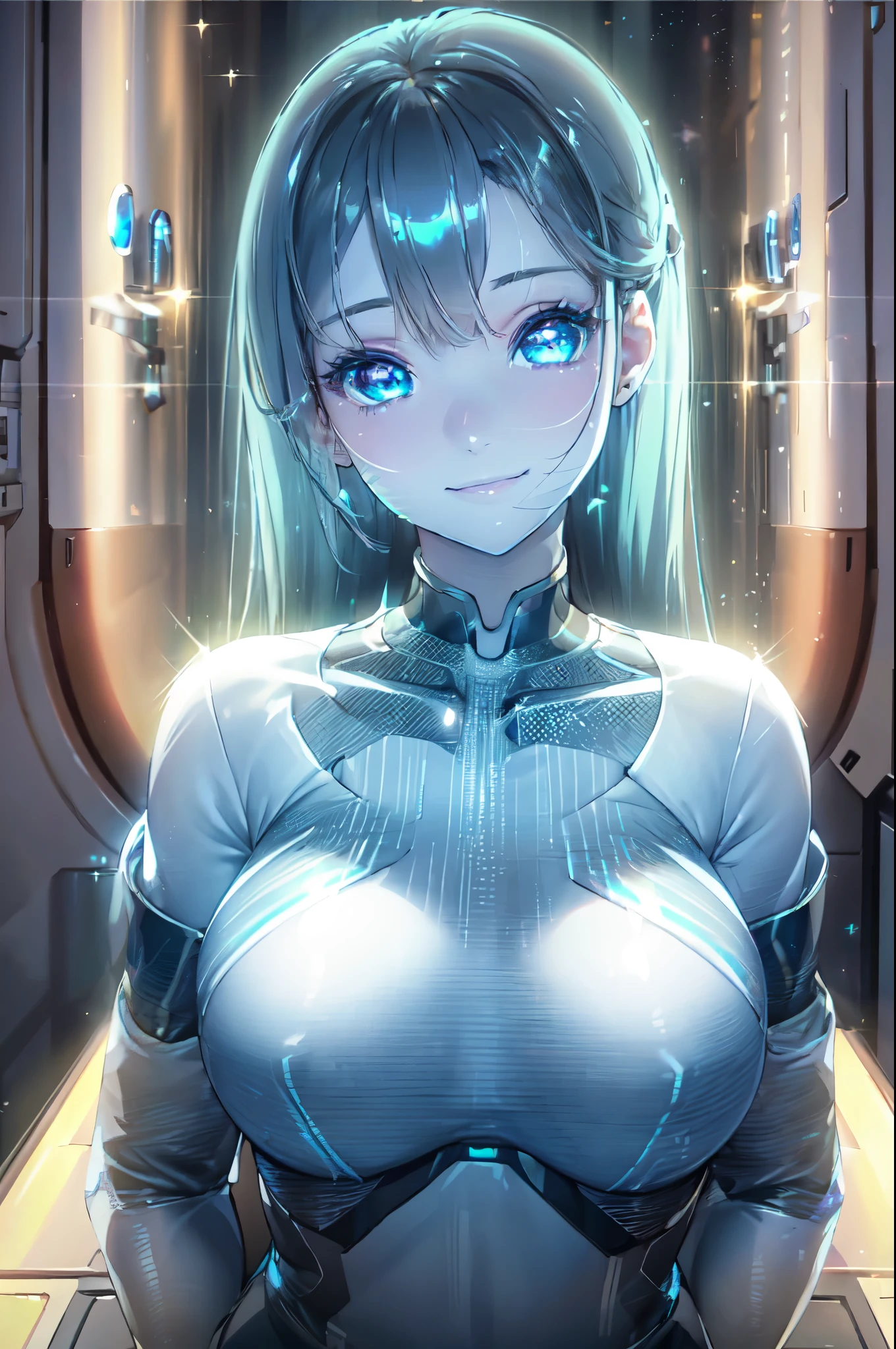 (High quality, High resolution, Fine details), HologramCzar, holographic woman, elegant dress, solo, curvy adult women, sparkling eyes, (Detailed eyes:1.2), smile, iridescent skin, cinematic lighting, volumetric lighting, mist, floating, Soft tones, shallow depth of field