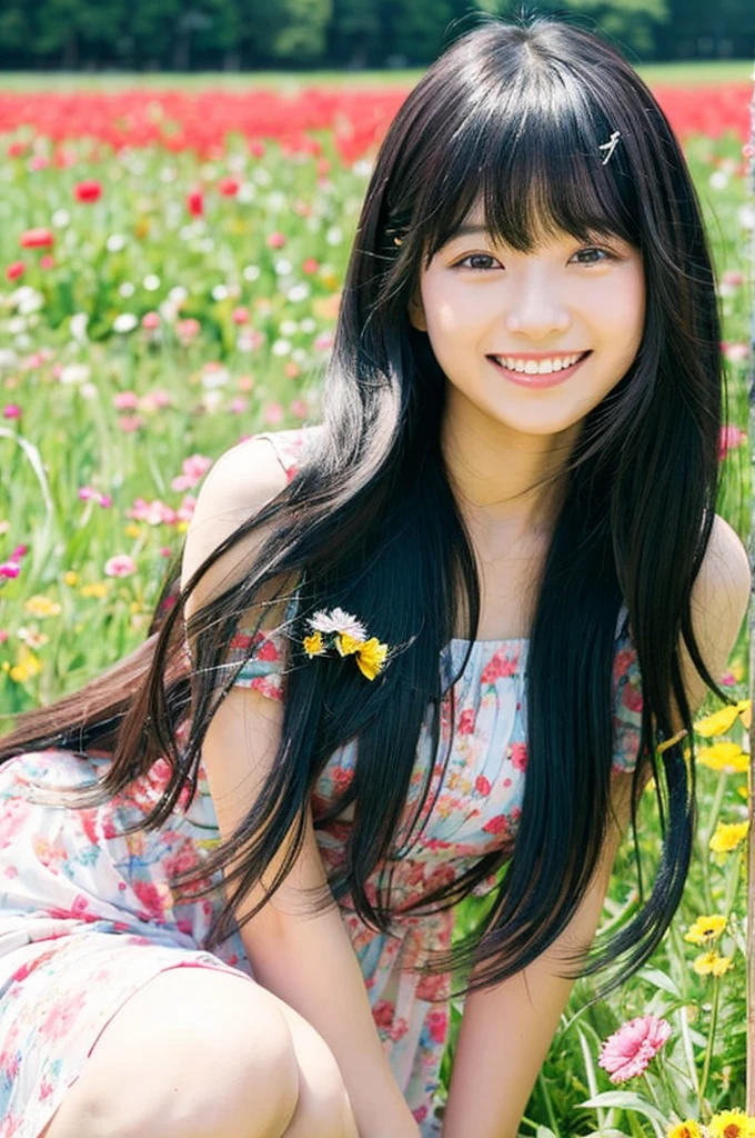 One girl in her twenties、Long black hair、There are bangs、one piece、Looking at me and smiling、Flower Field