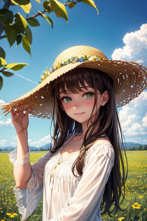 Portrait of a young brown haired woman, green eyes and light skin. He has a serene expression and a warm smile. She wears a white lace blouse and a straw hat.. It is located in a field of wildflowers, with a background of green hills and a clear blue sky."