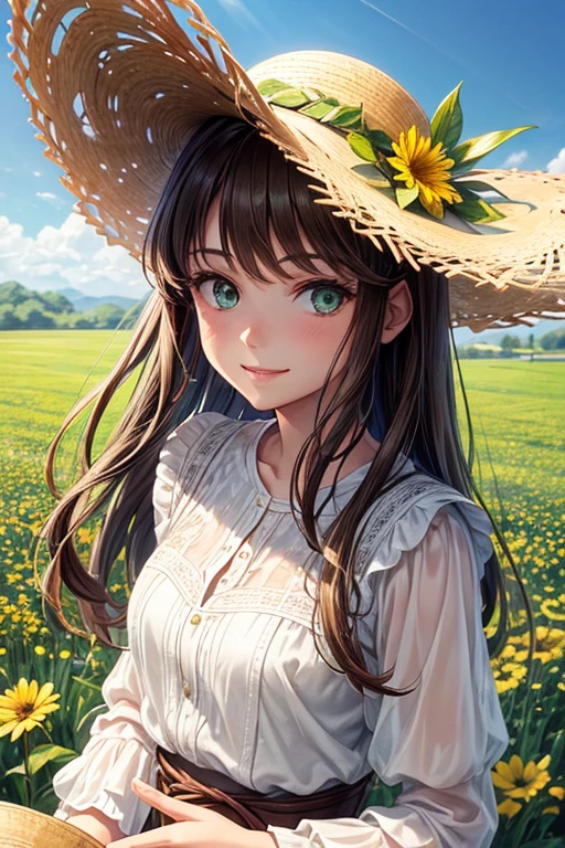 Portrait of a young brown haired woman, green eyes and light skin. He has a serene expression and a warm smile. She wears a white lace blouse and a straw hat.. It is located in a field of wildflowers, with a background of green hills and a clear blue sky."