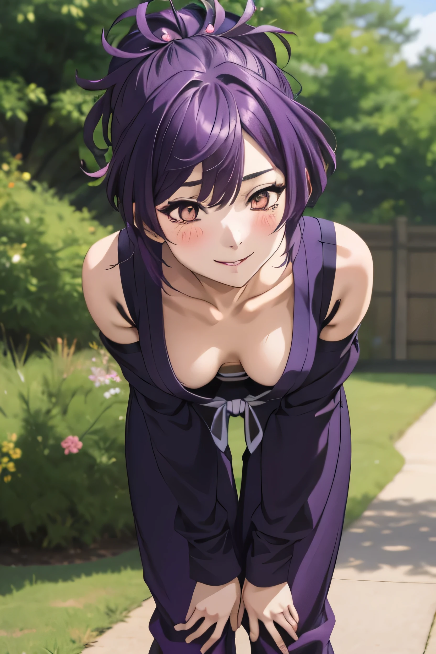 (One girl, alone), Highest quality, masterpiece, (Lean on:1.4), One girl, yuzuriha_(jigokuraku), Purple Hair, Brown eyes, Cleavage, Medium chest, Topknot, Medium Hair, Let go of my chest, Captivating smile, (blush:1.1), Appearance of the Japan, ponytail, Cleavage, Ninja, Ninja服, Dark blue clothing, Open clothes, Leaning forward,