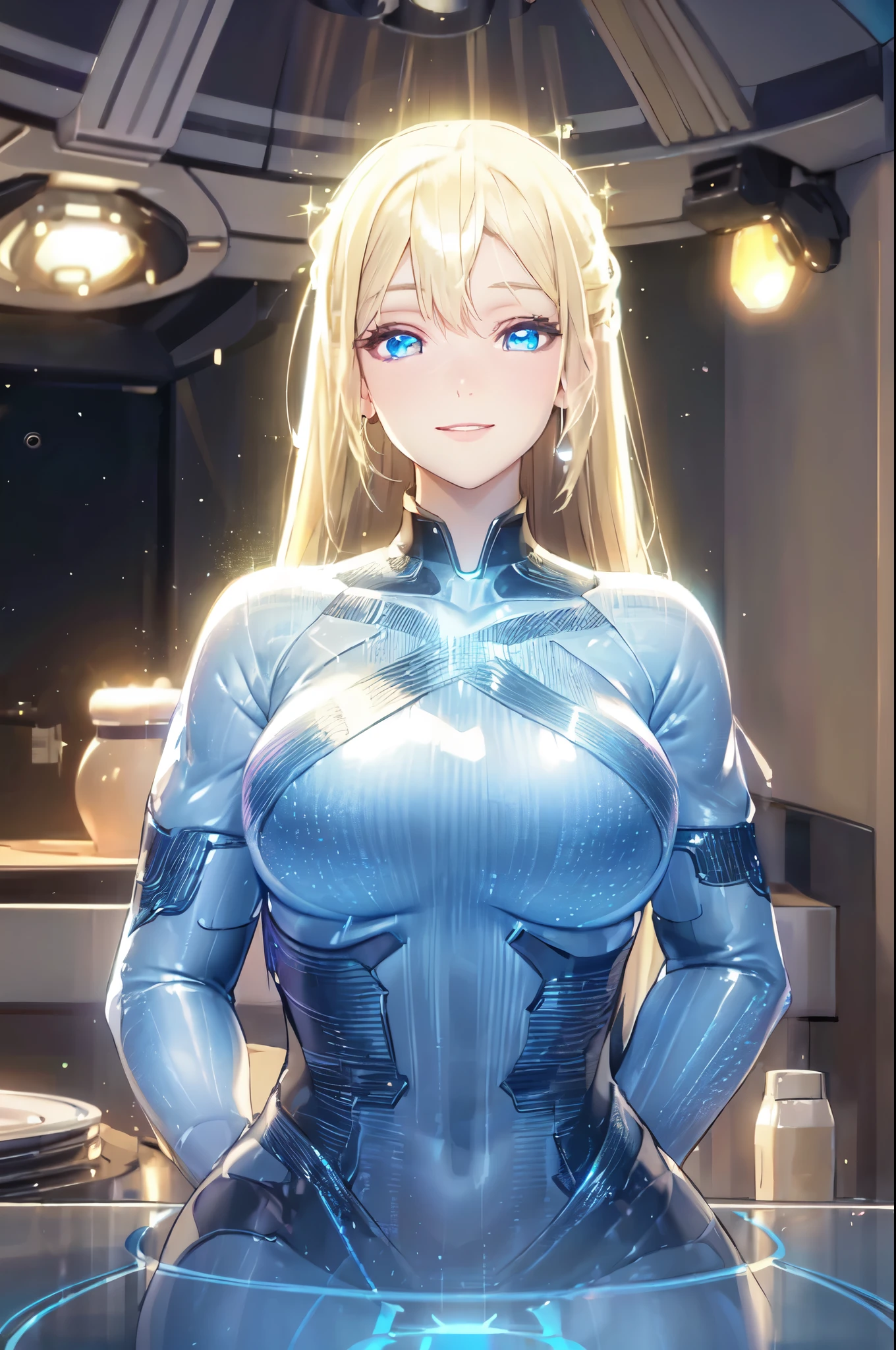 (High quality, High resolution, Fine details), HologramCzar, holographic woman, elegant dress, solo, curvy adult women, blonde hair, sparkling eyes, (Detailed eyes:1.2), smile, iridescent skin, cinematic lighting, volumetric lighting, mist, floating, Soft tones, shallow depth of field