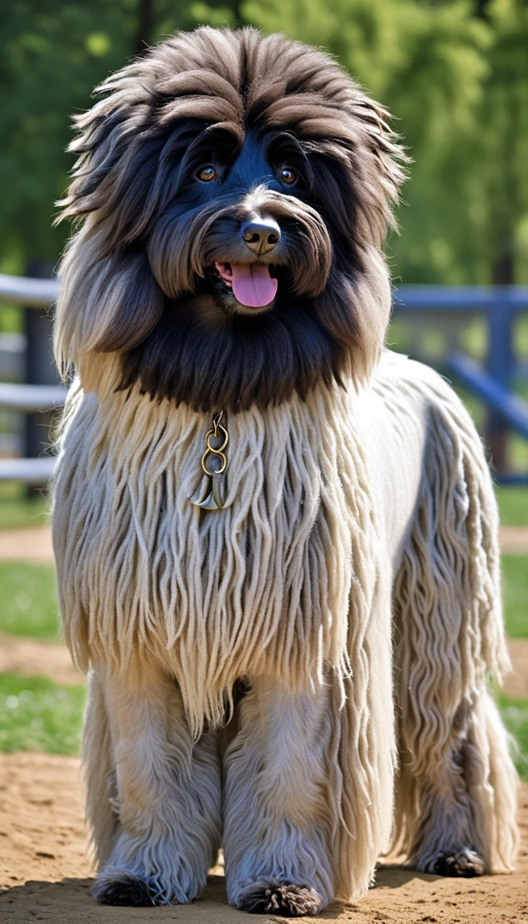There is no one, realistic photo, photo realism, realism, Sirgo Afghano(Hungarian Puli), perfect composition, intricate details, Very sharp, masterpiece, profile, high resolution, looking at the viewer, Full body photo in the dog park