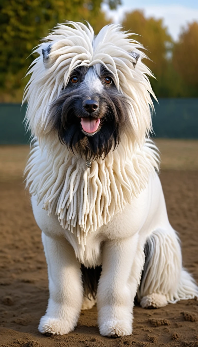 There is no one, realistic photo, photo realism, realism, Sirgo Afghano(Hungarian Puli), perfect composition, intricate details, Very sharp, masterpiece, profile, high resolution, looking at the viewer, Full body photo in the dog park