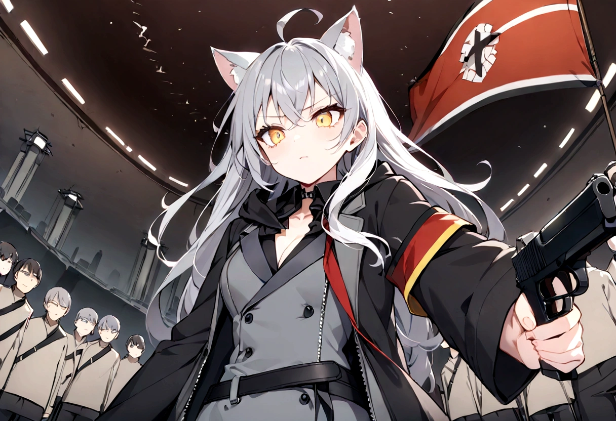 whole body、Raising the German flag in the conference room、Serious face、A large number of subordinates can be seen in the distance、Surrounded by operatives、Give a command、Secret Police Meeting Room、Gray cat ears、Gray cat earasterpiece, best quality:1.2), 1girl, 独奏、Grey long hair、Ahoge、Yellow Eyes、Background of a military base with guns、Fisheye Lens、battlefield、Shadows of light and darkness、Expressionless、battle、Gray trench coat、Put a black hoodie over your arm、Surrounded by enemies、Zip hoodie worn over the arm、whole body