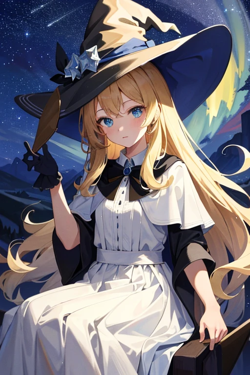 ((Masterpiece:1.2, Best quality)), 1girll, Solo, (Witch hat), Blonde hair, Long hair, dress, aurora, Night, Star (sky), mitts, sky, White dress, Night days