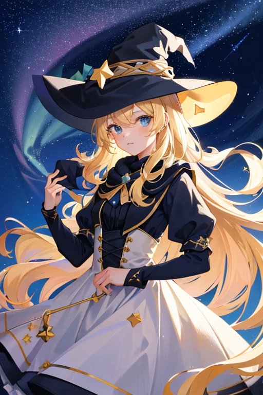((Masterpiece:1.2, Best quality)), 1girll, Solo, (Witch hat), Blonde hair, Long hair, dress, aurora, Night, Star (sky), mitts, sky, White dress, Night days
