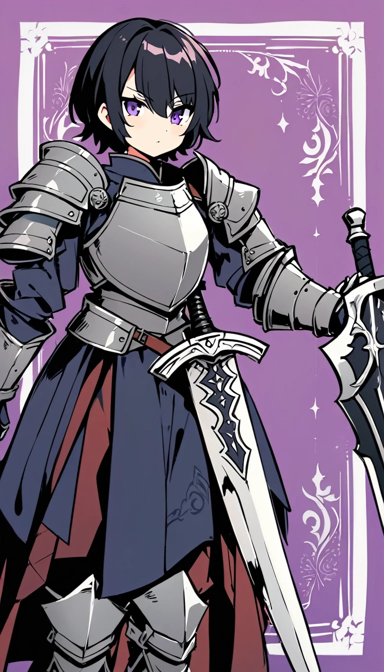 1 girl, Medieval style armor with borders, black in color, without helmet, short black hair with a patch on the left eye with a scar, posing next to his silver sword with engravings on the blade, purple backdrop
