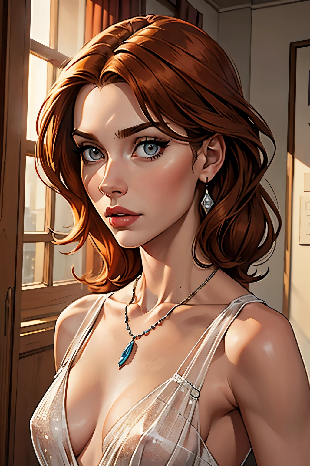 best qualityer, work of art, (realisitic: 1.2), 1 girl, slender girl, ginger hair, eyes browns, 3/4 view, face detailed, gorgeous eyes, eyes gray, eyes large, breasts small, necklace, see through gown