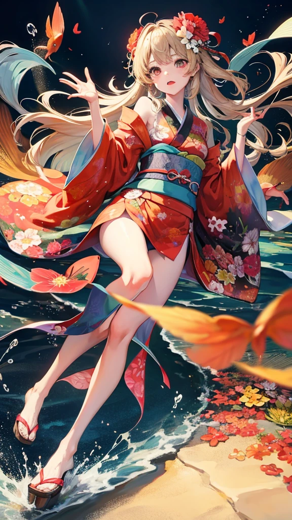 summer　kimono　Goldfish　flower　Girl　clear　cute　Emotional