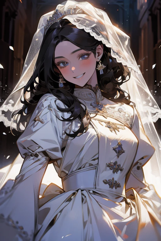 Wedding scene，Bride in a white wedding dress，Smiling slightly，Perfect face，Black Hair，Perfect face