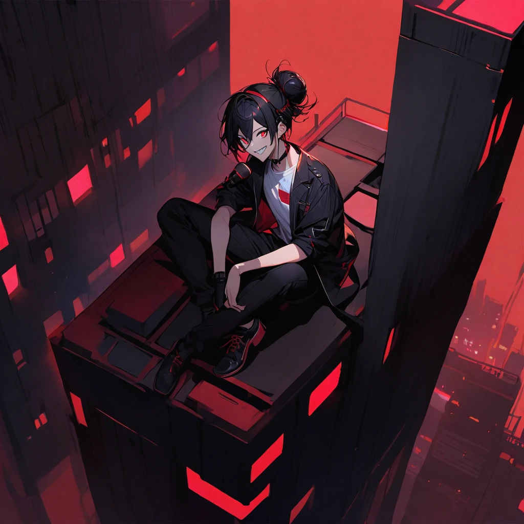 young man, long black hair with red tips tied by a white cloth in a bun, red eyes, pointy teeth, red headset with microphone, wears a black jacket with a red interior, white t-shirt, black pants, black shoes with red laces. sitting on top of a building.