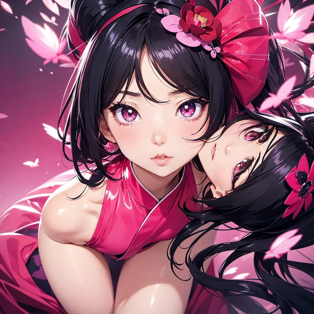 Please create an icon of a beautiful and sexy Japanese woman.。The character has big eyes and shiny hair.、She has a sexy and seductive look。The outfit is sexy yet cute.、Use vibrant colors such as pink and red.。The background is simple so that the characters stand out.、Please express the overall atmosphere as cute yet sexy.。