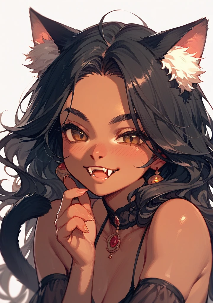 Half body, A beautiful woman, long wavy black hair, brown eyes, dark clothing, cat ears and tail, fangs, 