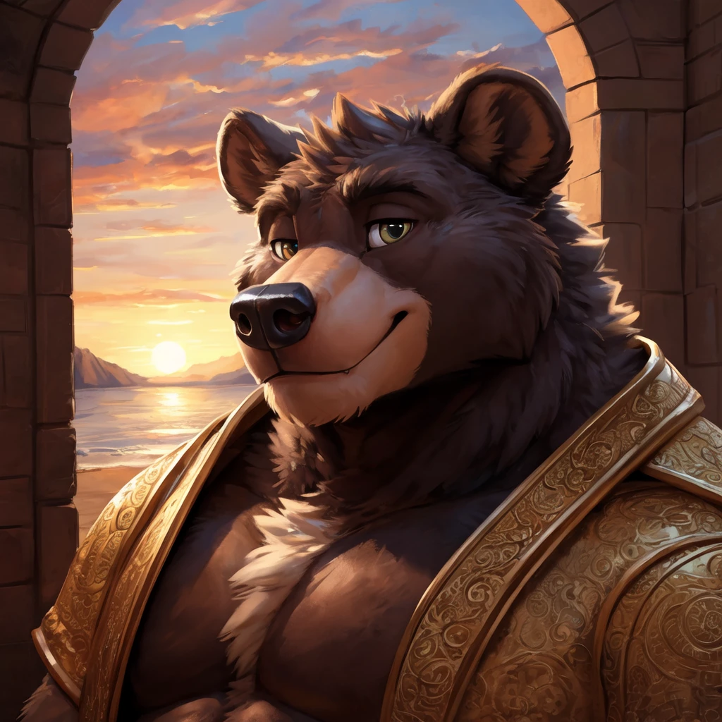 ASCII nsfw, realism, solo male, nude, kenket, chunie, darkgem, anthro, detailed realistic painting, source_furry, Uploaded on E621, ultra-high detailed, absurd res, RAW photo, (by takemoto arashi), by oreocakes, by teaselbone, (by jrjresq, by zaush), by zhanbow,  masterpiece,, detailed fur, looking at viewer, (detailed pixar eyes:1.2), detailed eyes,portrait, half body, close up, anthro, furry, 1 man, solo, hybrid, bull_bear, bear and bull hybrid, bear ears, bull horns, bovine horns, furry neck, fluffy neck, nose piercing, detailed eyes , eyes half closed, majenta eyes, dark eyelids, dark circles, slight smile, golden armor, gold, BREAK in the living room, sunset BREAK detailed background, intricate masterpiece, best quality, ultra 8Kscore_9, score_8_up, score_7_up, score_6_up, bara, ,score_9, score_8_up, score_7_up, score_6_up, score_8_up, score_7_up,Ultra detailed focus ,clean cut, body fur furry textures,naturalistic art,representational art,lighting and shadowing,bright vibrant color contrast,sharp detailed, cgi,digital,movie Quality,8K,masterpiece, best quality, (photorealistic:1.4),(extremely intricate:1.3), (realistic).
